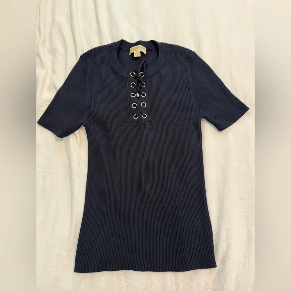 Michael Kors Short Sleeve Ribbed Sweater Tee Lace Tie Up Medium